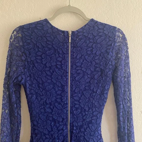 H&M Womens Mini Dress Lace Long Sleeve Floral Size 4 Spring Cobalt Blue Feminine - Picture 6 of 11